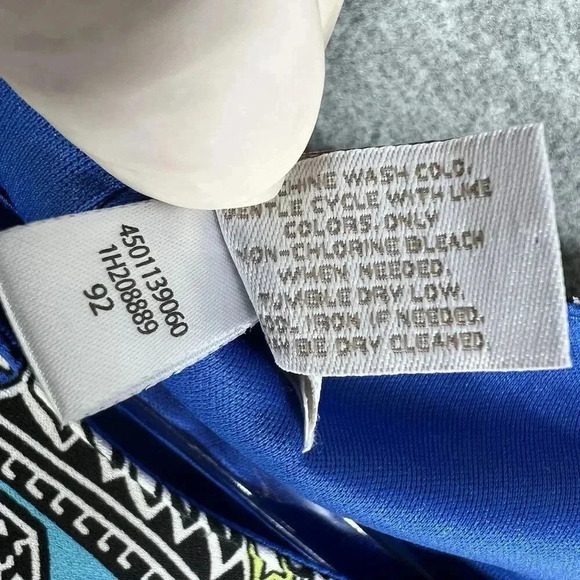 CHICOS 1 Medium Blue White Paisley 3/4 Sleeve Knit Bodycon Outdoor Shift Dress - Picture 13 of 16